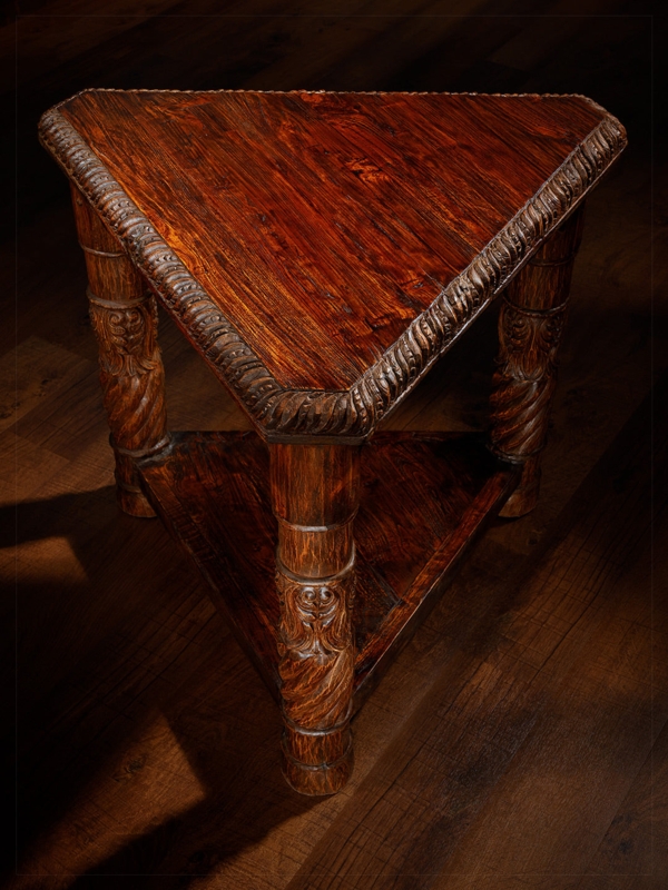 Hand-Carved Wood Triangular End Table with Distressed Finish