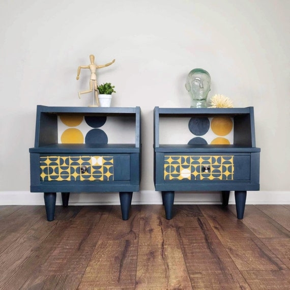 Hand Painted Bedside Table Pair, Geometric Pattern, Mid Century Modern