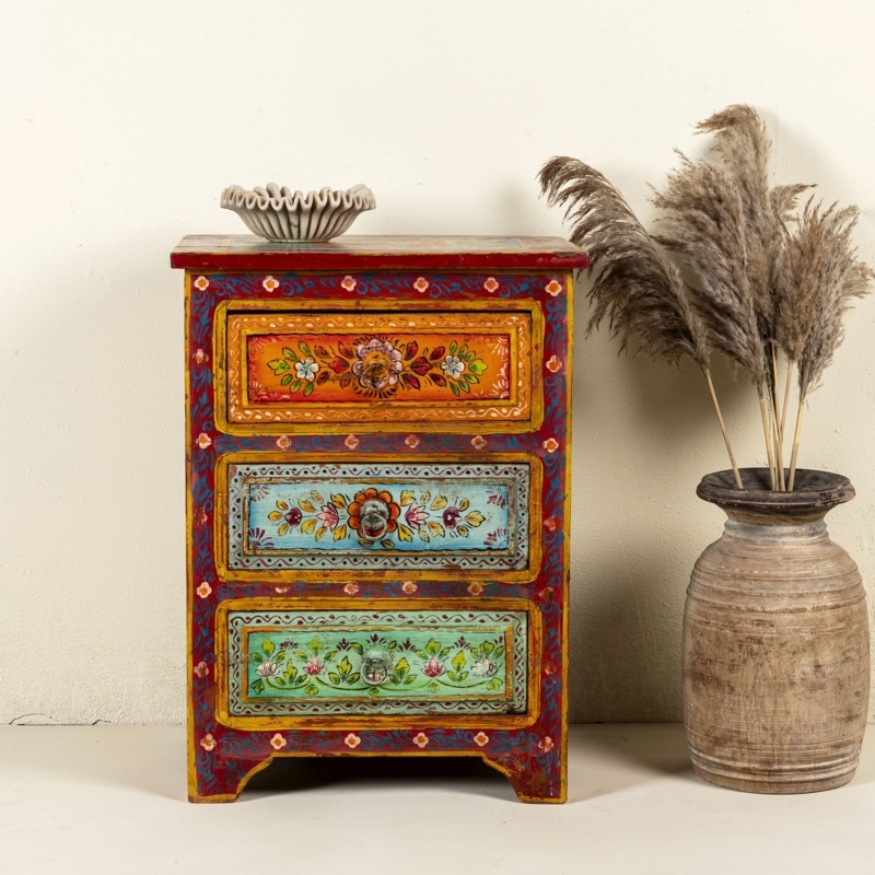 Hand Painted Floral Nightstand Pair with Distressed Shabby Chic Finish