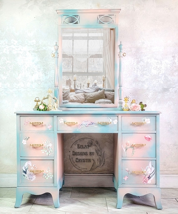 Hand Painted Vanity Table featuring Tropical Flamingo Motif