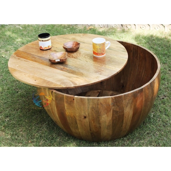 Handcrafted Wood Drum Coffee Table with Floral Inlay Bohemian Style