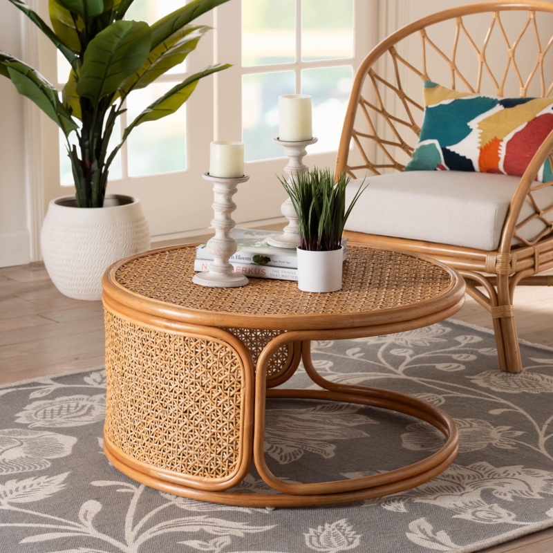 Handwoven Rattan Coffee Table with Braided Rim in Honey Tone
