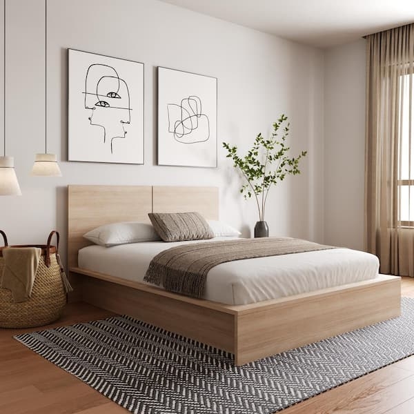 Headboard Beige Oak Scandinavian Style Low Profile Platform Base