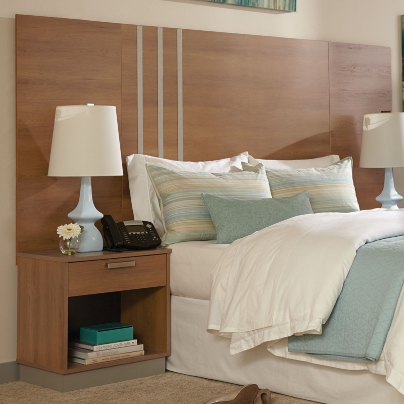 Headboard Dark Brown Wood Panel Design Integrated Power Outlets