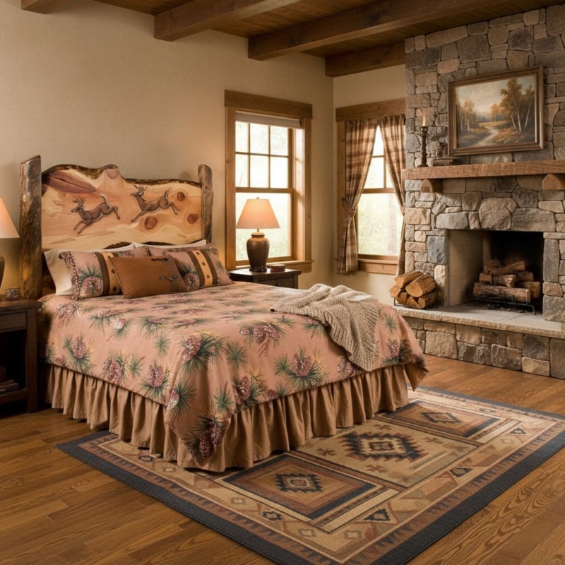 Headboard Featuring Carved Deer Scene and Aspen Log Construction