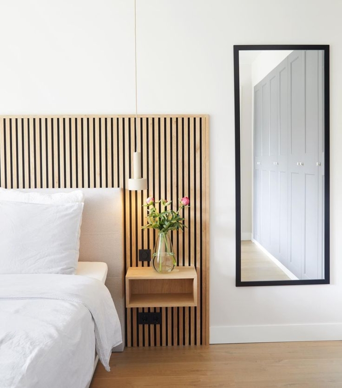 Headboard Floor to Ceiling Design Vertical Slats Charcoal Accent