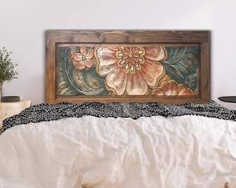 Headboard Folk Art Style Hand Painted Floral Details Dark Wood Finish