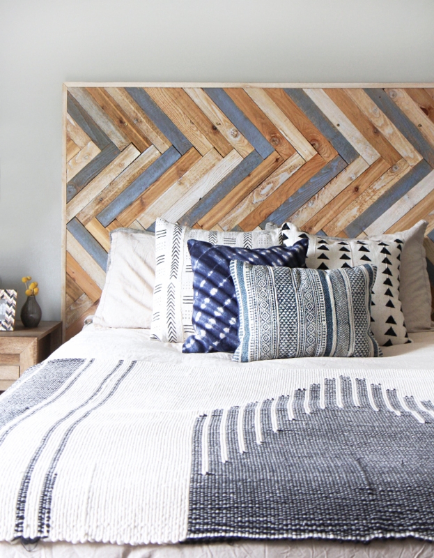 Headboard Herringbone Plank Design Wood Toned Finish Brick Context