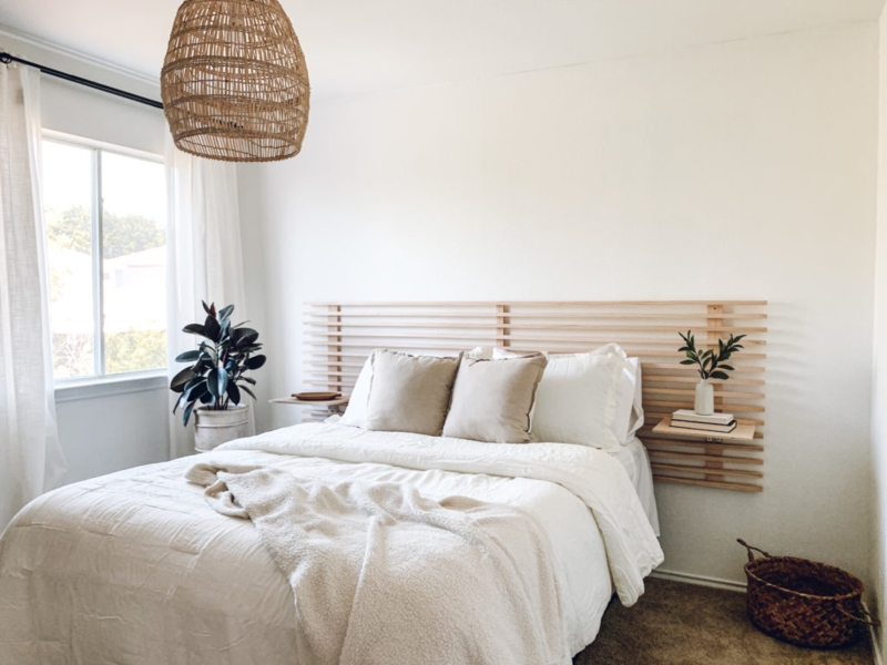 Headboard Horizontal Slats Integrated Floating Nightstand Design