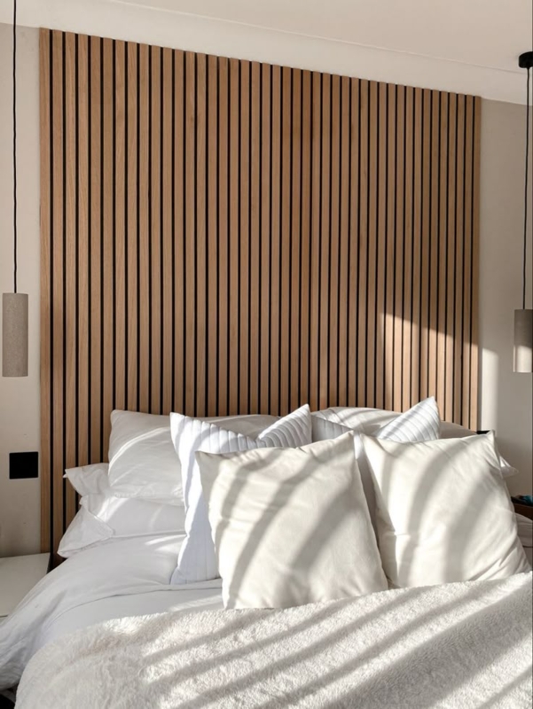 Headboard Japandi Style Vertical Slats Warm Ambient Pendant Lighting