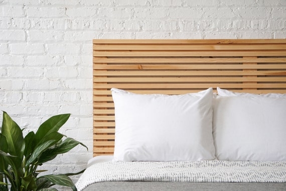 Headboard Mid Century Vertical Slat Design Open Frame Natural Wood