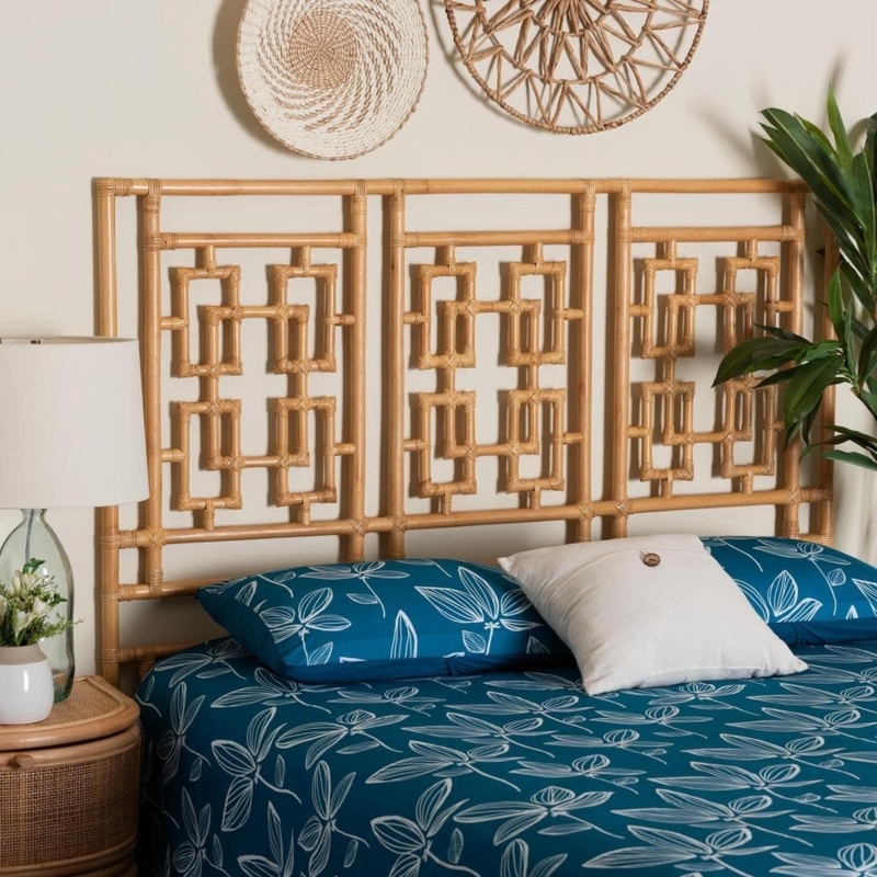 Headboard Radial Rattan Weave Arched Sunburst Pattern Queen