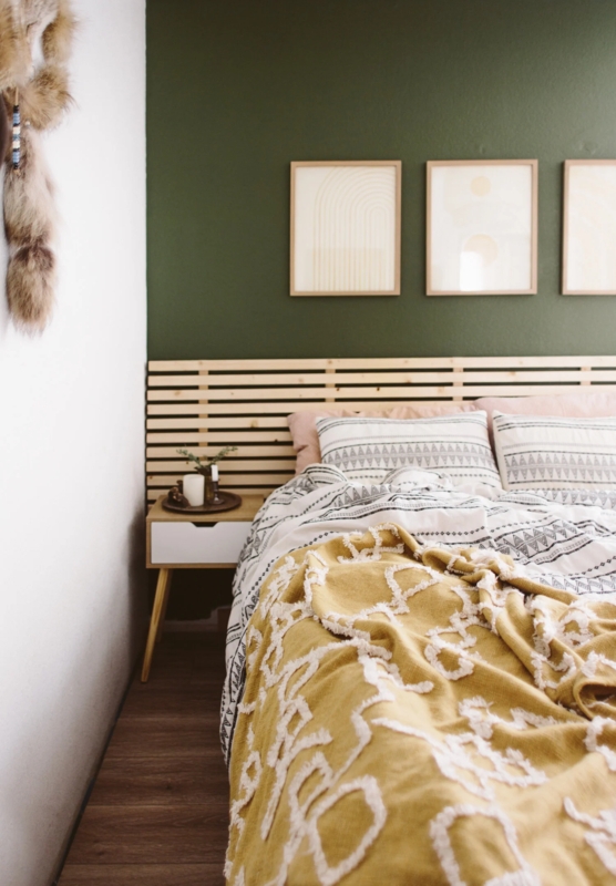 Headboard Vertical Slats Brass Sconce Terracotta Accent Scandinavian