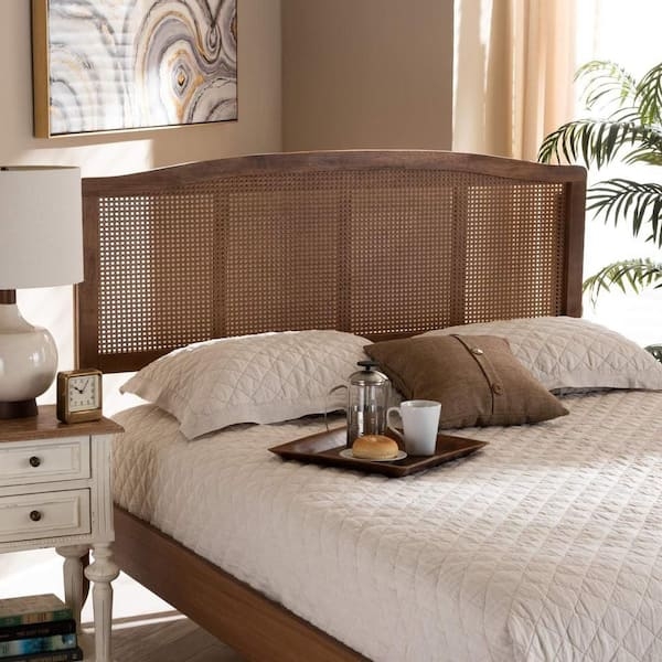 Headboard Walnut Finish Rattan Weaving Open Frame Mid-Century