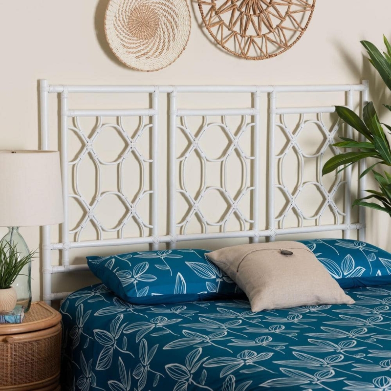 Headboard White Rattan Petal Design Whitewashed Queen