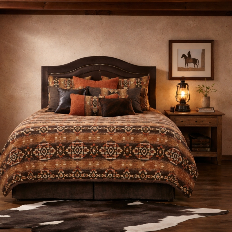 Headboard with Distressed Upholstery and Nailhead Trim Log Frame