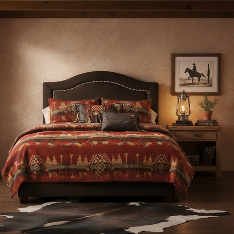 Headboard with Geometric Upholstery and Rustic Log Frame Posts
