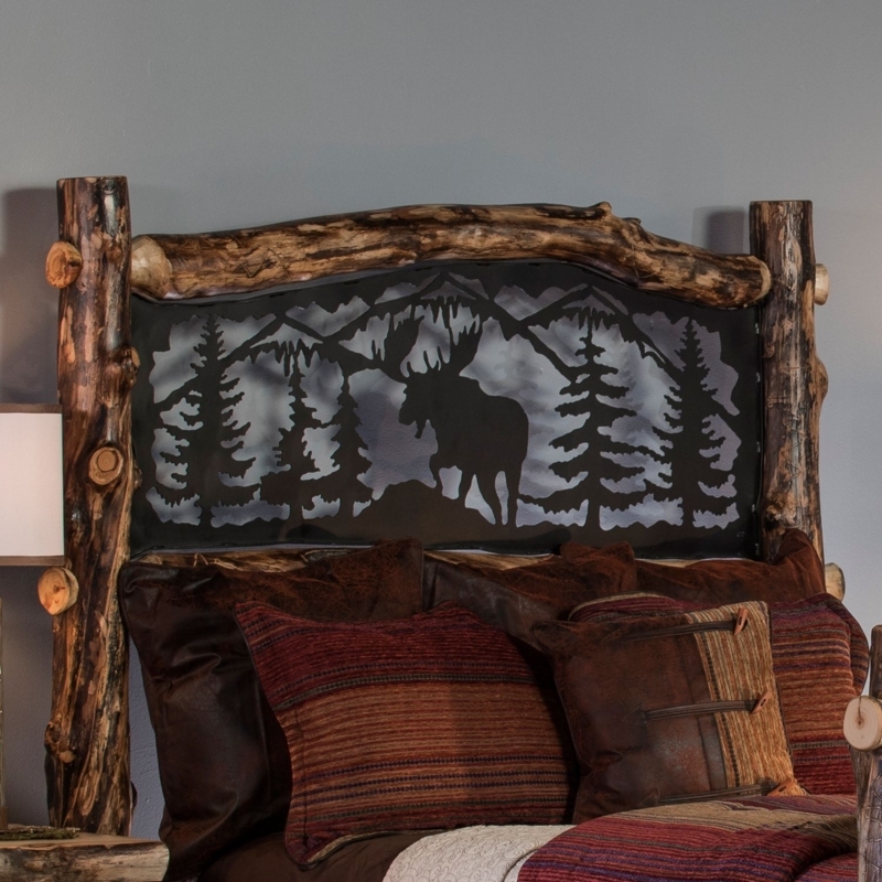 Headboard with Industrial Metal Slats and Rustic Log Frame