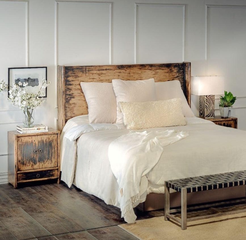 Headboard with Wingback Silhouette and Distressed Vertical Slats