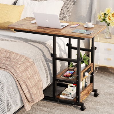 Height-Adjustable C-Shaped End Table with USB Port and Casters