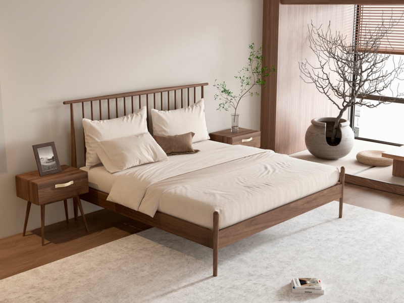 Herringbone Pattern Wood Platform Bed with Tapered Legs