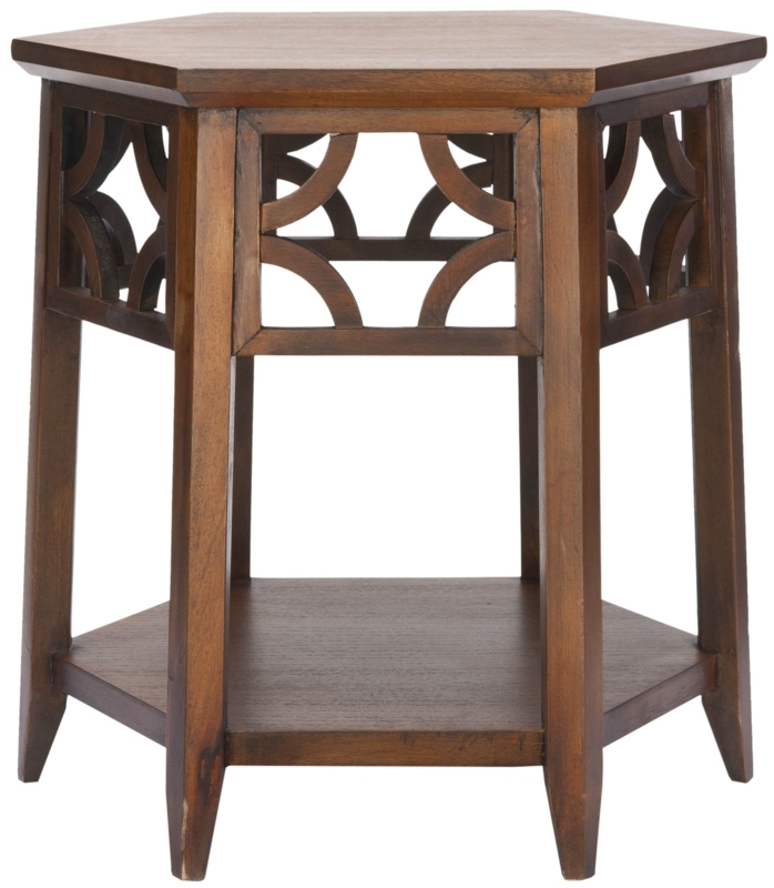 Hexagonal End Table in Light Brown Wood with Tapered Legs and Shelf