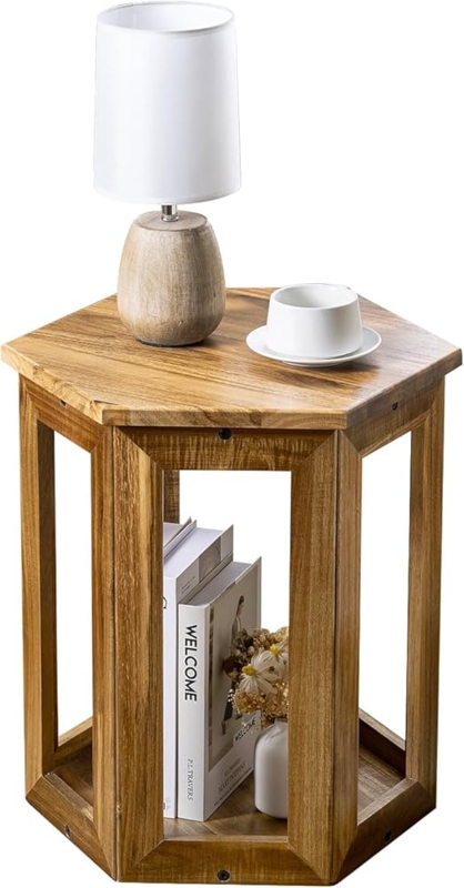 Hexagonal Side Table Natural Wood Finish with Open Shelf Storage