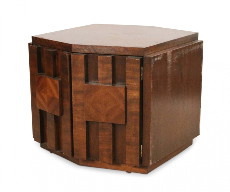 Hexagonal Walnut Side Table with Integrated Handle and Tapered Legs