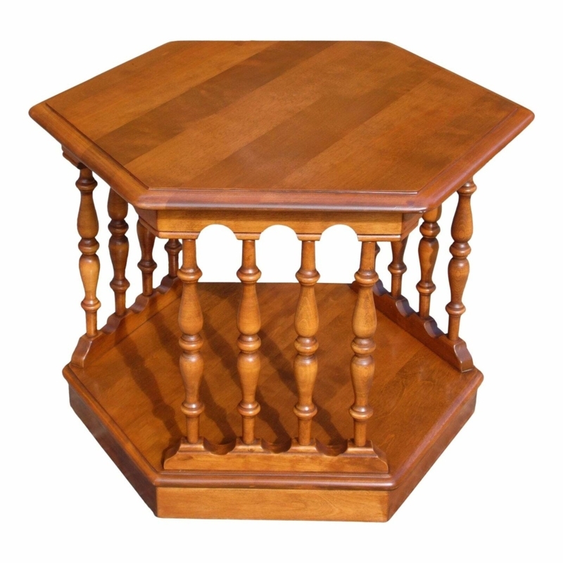 Hexagonal Wooden Side Table with Turned Pedestal and Scrolled Feet