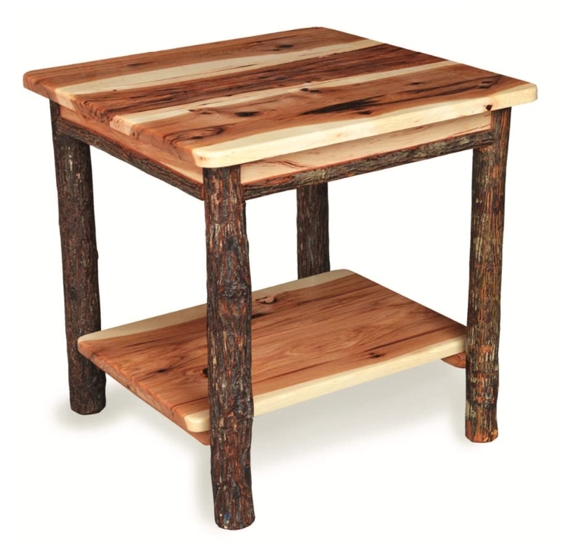 Hickory Log End Table With Bark Texture Legs And Shelf