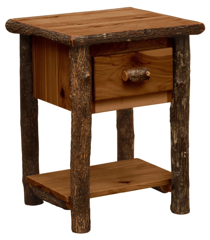 Hickory Log Nightstand with Bark Texture Legs and Branch Handle.