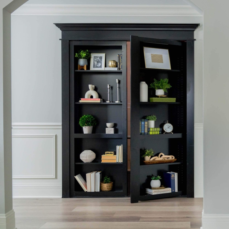Hidden Bookcase Double Doors in Matte Black, Secret Library Entry