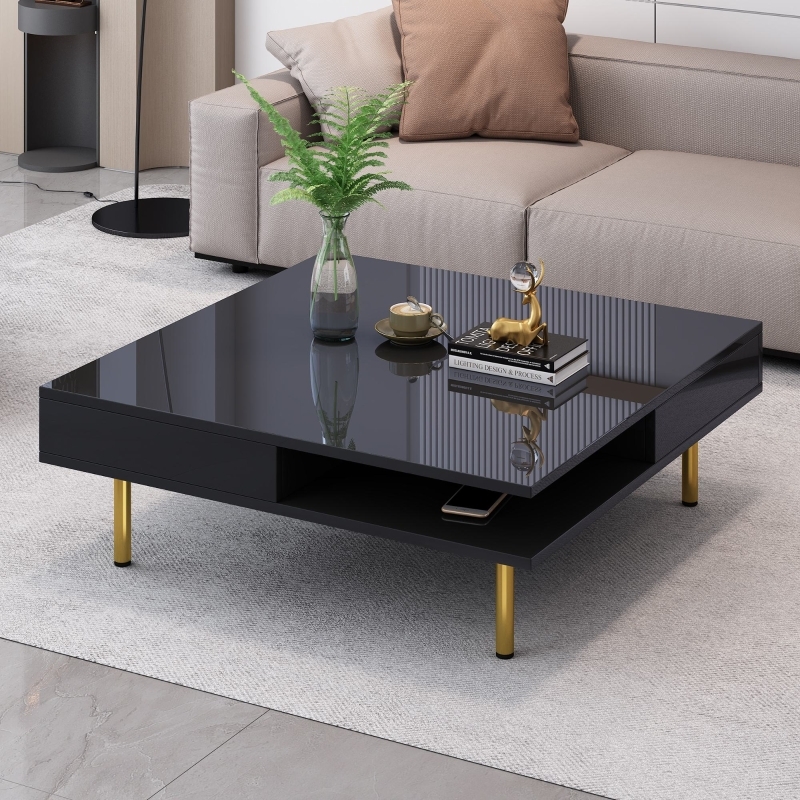 High Gloss Black Square Coffee Table with Golden Legs for Glam Living Room