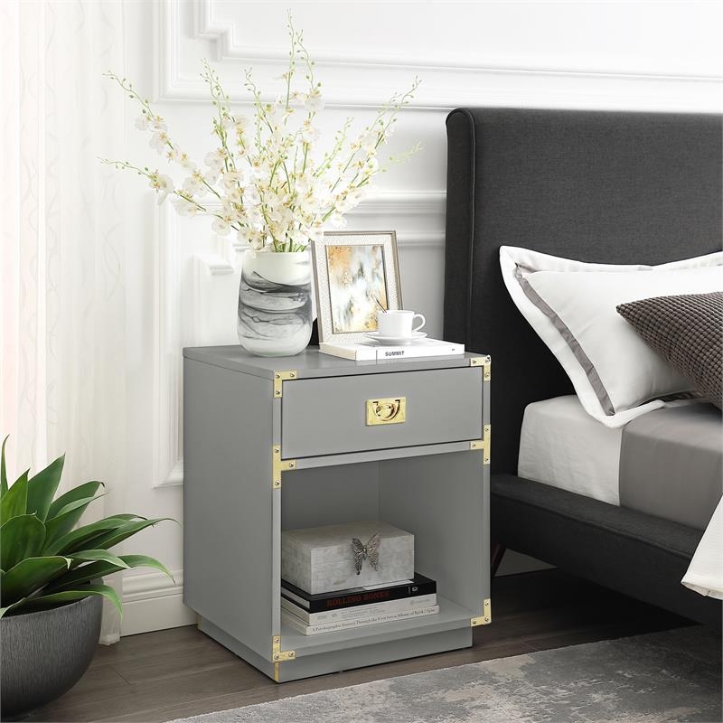High Gloss Nightstand with Gold Corner Brackets and Bar Pulls