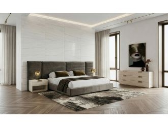 High Gloss Platform Bed with Integrated LED Headboard Dark Wood Finish