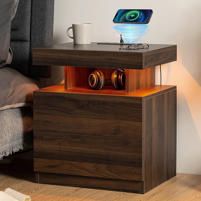 High-Gloss Walnut Nightstand with Integrated LED Lighting & Open Shelf