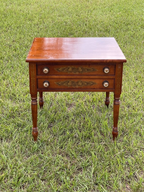 Hitchcock Style End Table with Gold Stenciling and Two Drawers
