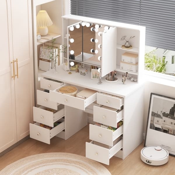 Hollywood Mirror Makeup Station, 9 Drawers, Gold Accents, Pedestal Base.