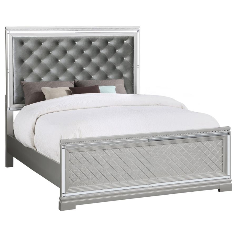 Hollywood Regency Bed with Mirrored Insets and Diamond Button Tufting