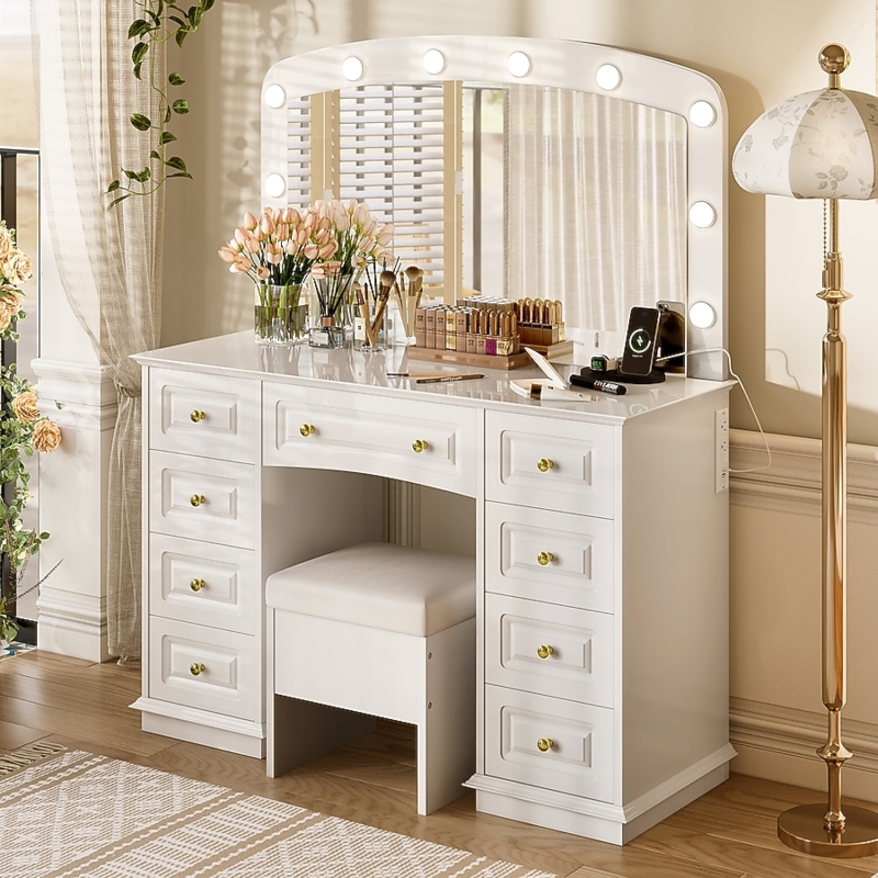 Hollywood Style Vanity Station with 9 Drawers and Bulbs