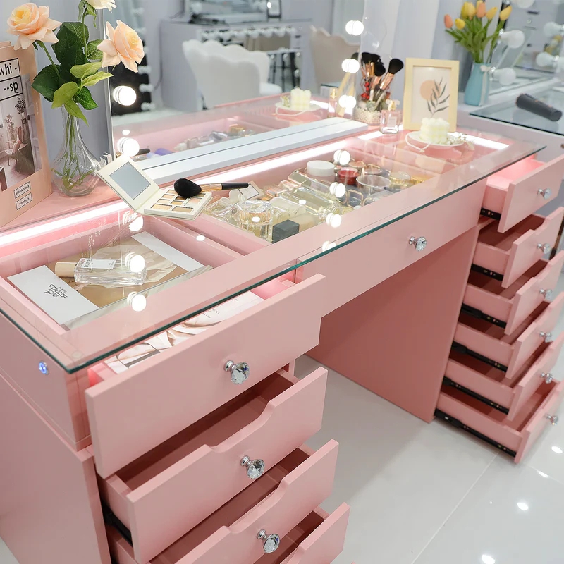 Hollywood Vanity Table, Glass Top Drawer, Silver Hardware, Integrated Lights.
