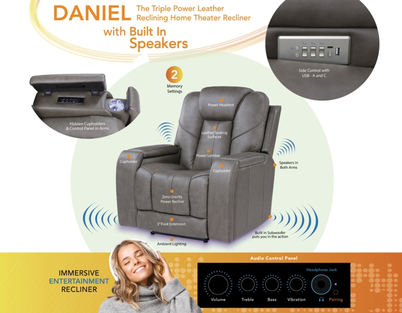 Home Theater Recliner Charcoal Grey Leather-Like Built-in Speakers LED
