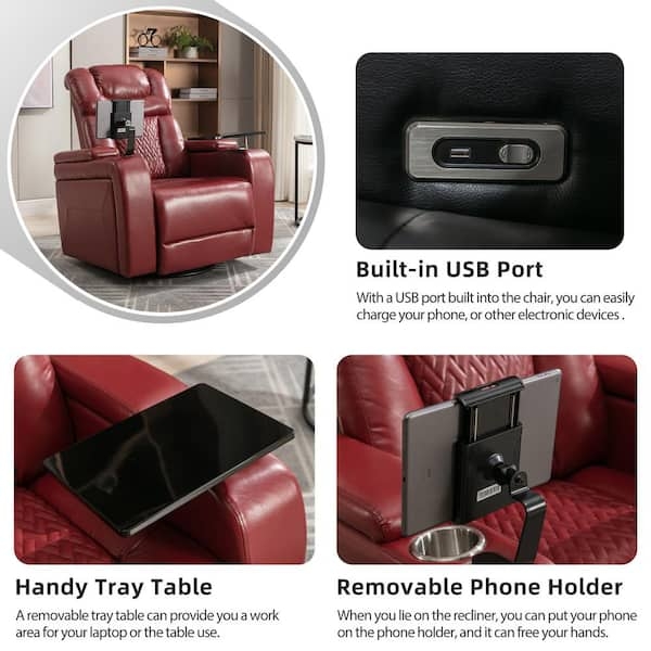 Home Theater Recliner Red Leather-Like Tray Table Phone Holder