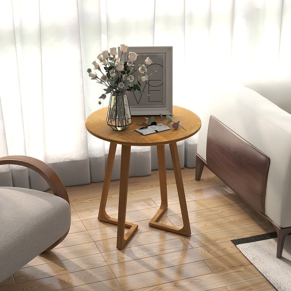 Honey Brown End Table featuring Triangular Stretcher Base and Round Top