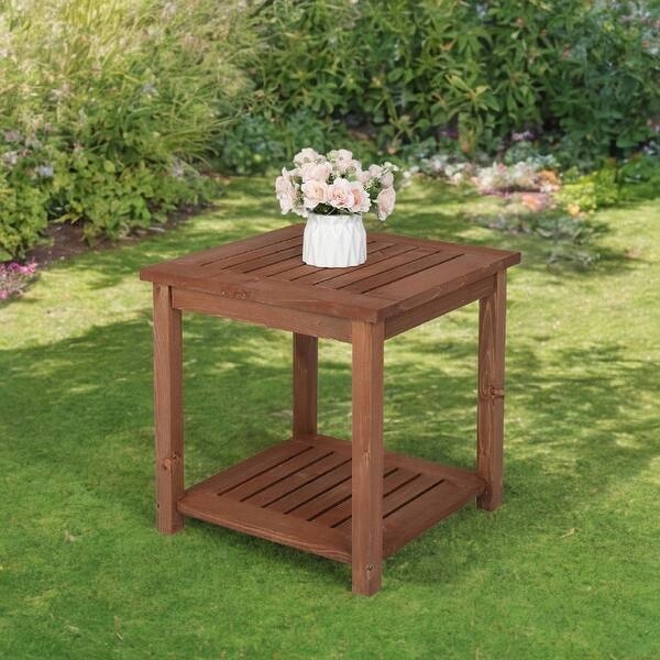 Honey Brown Wood Side Table with Slatted Top, X-Brace Base