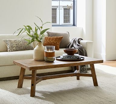 Honey Oak Coffee Table with Chunky Block Legs and Lower Shelf