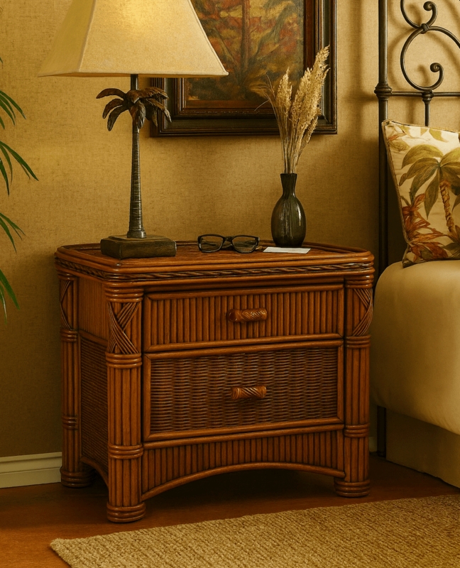Honey Tone Rattan Nightstand Basket Weave Tropical Accent Furniture