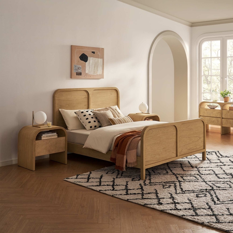 Honey Wood Mid-Century Bedroom Set Tall Upholstered Headboard
