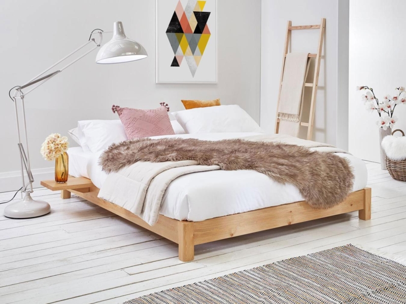 Honey Wood Platform Bed with No Headboard, Low Profile