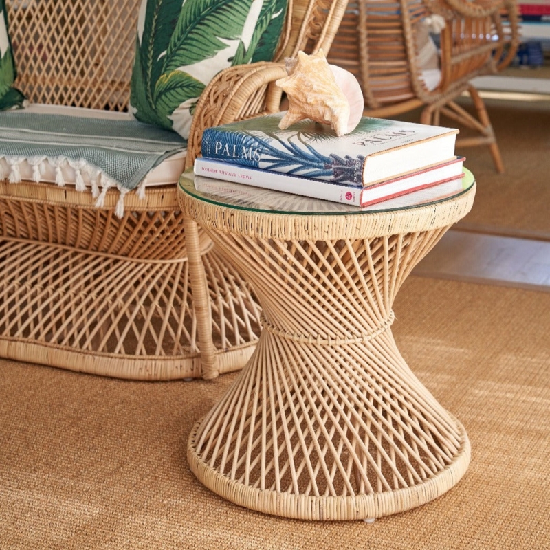 Hourglass Rattan End Table Inset Glass Top Tapered Legs Airy Design